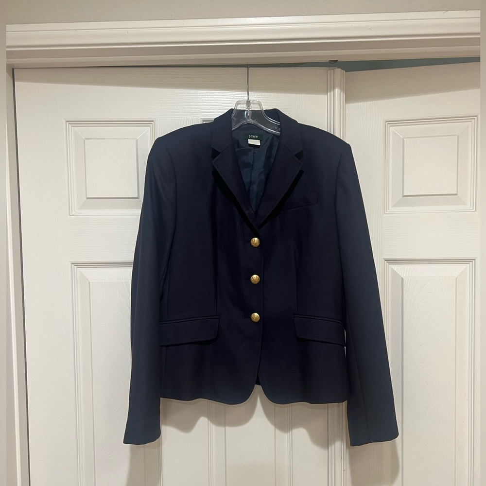 J Crew‎ Womens 100% Wool Blazer Jacket Navy Gold Metal 3 Button Crest Lin…